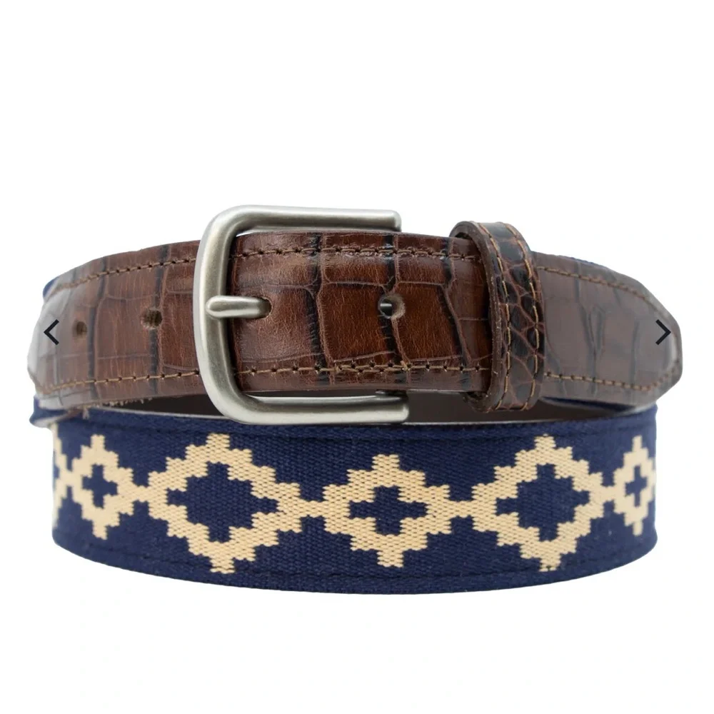 Brown Leather & Navy Patterned Men's Belt